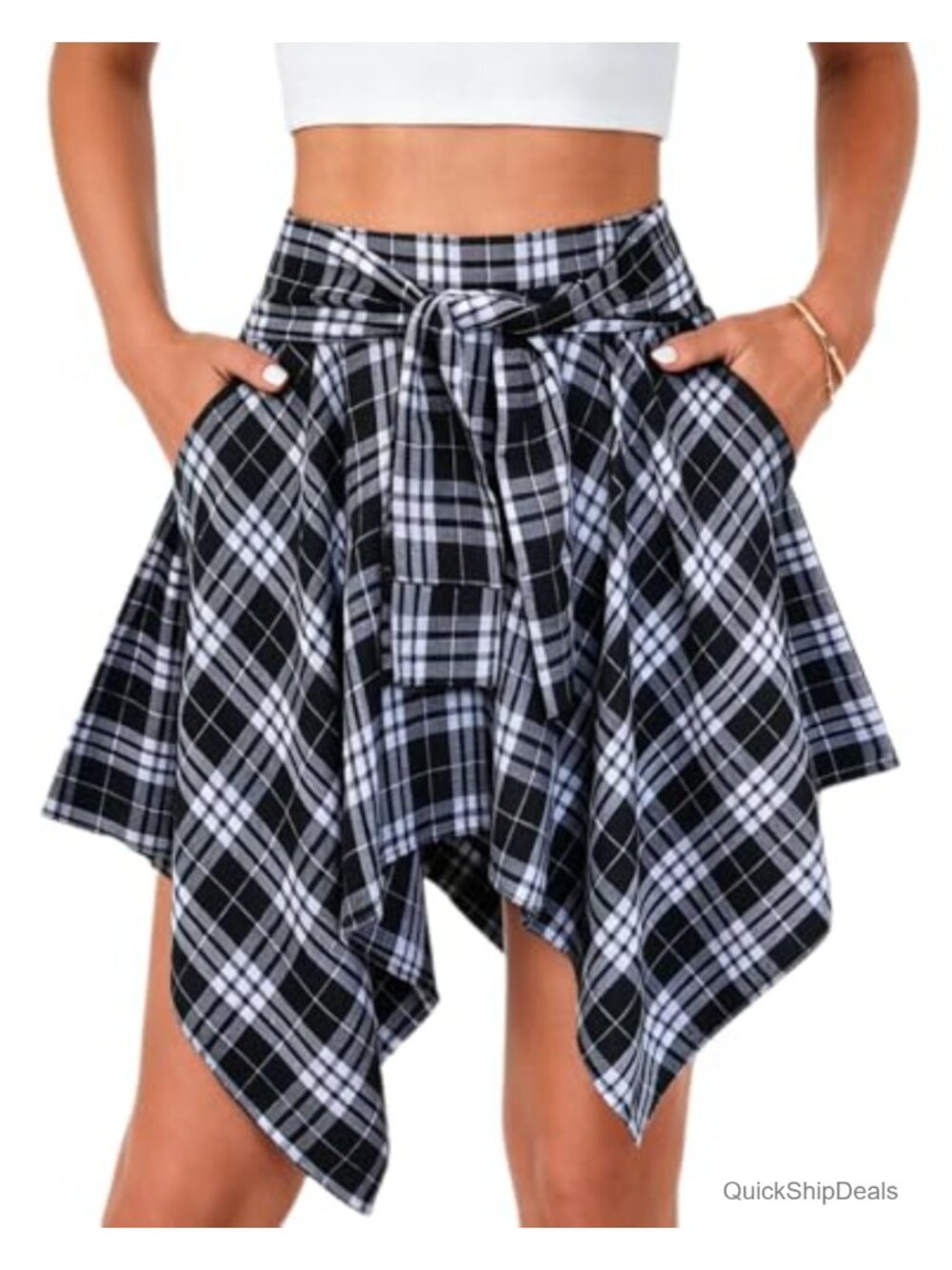 Plus Size Plaid Pleated Asymmetrical Mini Skater Skirt High Waisted